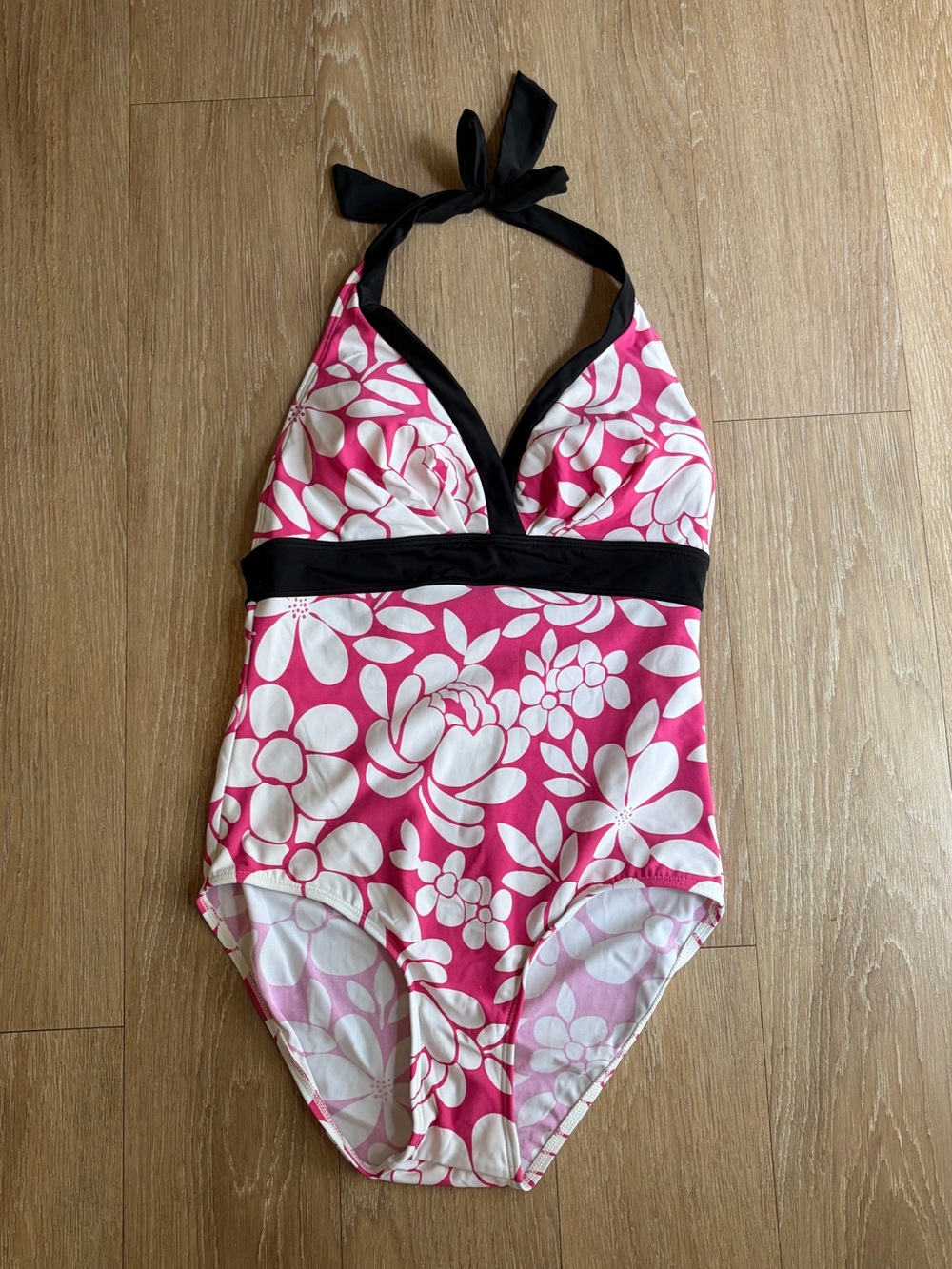 Y2K Liz Claiborne Pink & White Floral Halter One-Piece Swimsuit w/ Black Trim